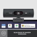 Webcam Full HD Logitech Brio 500, Câmera para PC com Microfones Duplos, Privacidade Integrada, RightLight 4 e Enquadramento Automático - Grafite